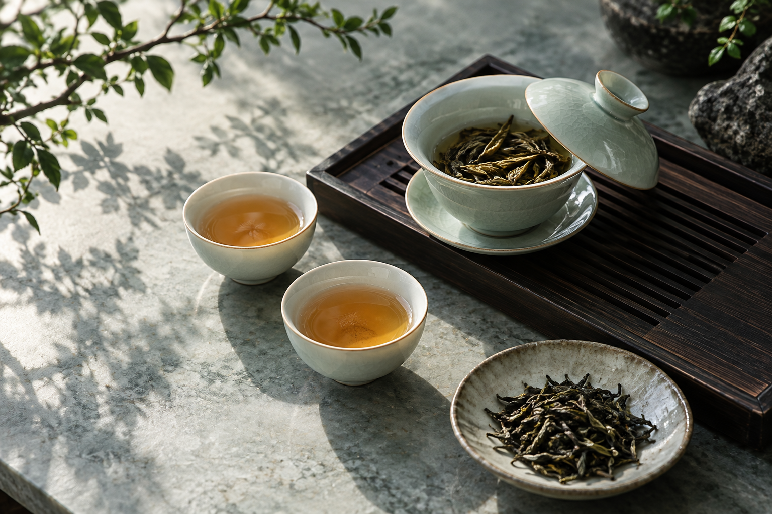 Celadon gaiwan and small tasting cups arranged on a tea table
